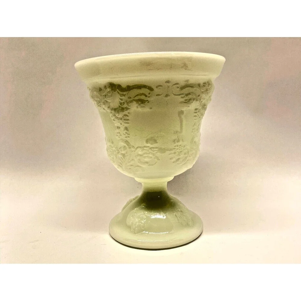 Vintage E.O. Brody M4300 Milk Glass Pedestal Vase Planter 7” Grape Scroll USA